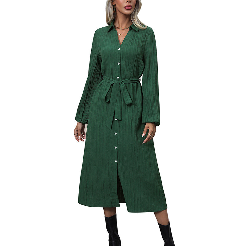 Women's Dress Autumn Long-Sleeved Pleated Cardigan Skirt Commuter Style Lapel Shirt Dress