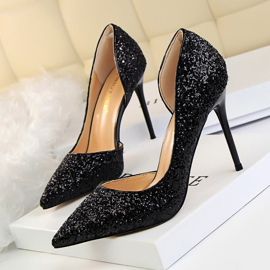 Sexy Nightclub Slim Women's Shoes With Slim Heels, High Heels, Shallow Mouth, Pointed Side Hollowed Sequins