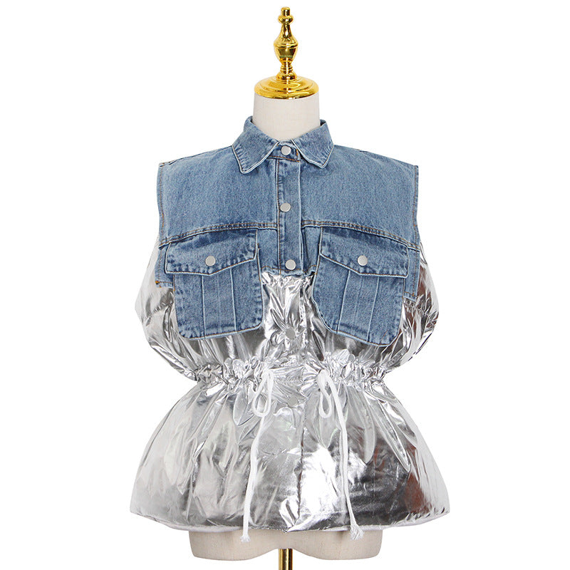 Denim Splicing Vest Spring New Fashion Temperament Casual Vest Short Cotton-Padded Vest Coat