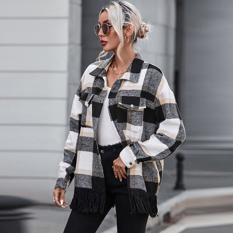 Autumn New Plaid Print Long-Sleeved Coat Women Design Sense Of Furred Edge Lapel Jacket Women