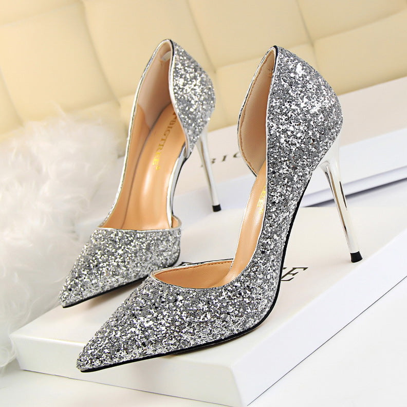 Sexy Nightclub Slim Women's Shoes With Slim Heels, High Heels, Shallow Mouth, Pointed Side Hollowed Sequins