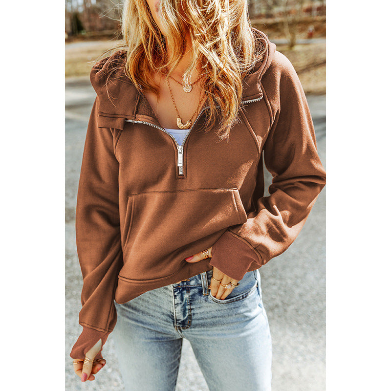 Autumn New Solid Color Hoodie Women Casual All-In-One Pullover Zipper Collar Long Sleeve Blouse For Women