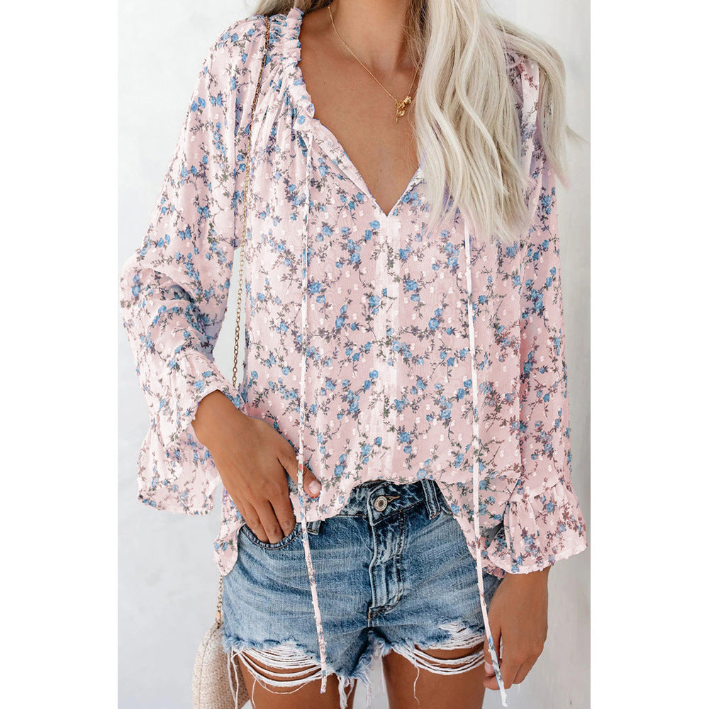 Summer New Long Sleeve Floral Chiffon Loose Casual V-Neck Pullover