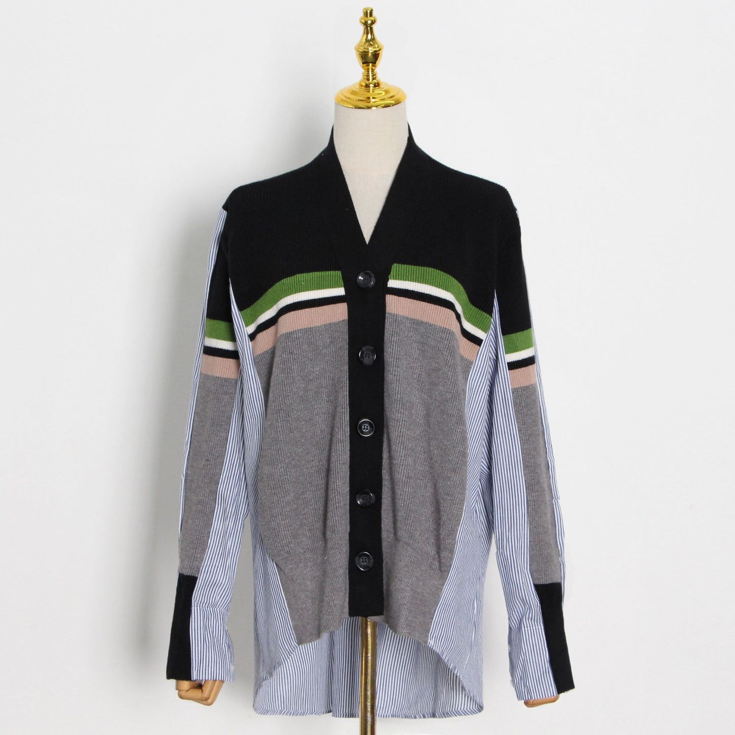 Spring Clashing Button Cardigan Design Clashing Color Splicing Stripe Shirt Knitted Splicing Coat