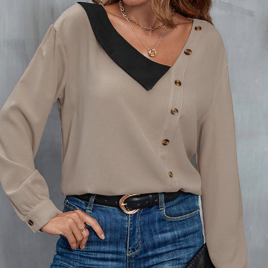 Loose Autumn New Button-Down V-Neck Long-Sleeved Knitwear Solid Color Blouse Blouse