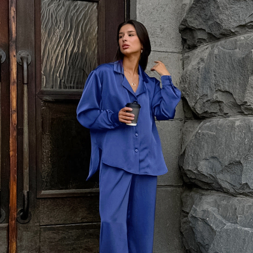 Autumn Fashion Casual Imitation Acetate T-Blue Lapel Long Sleeve Shirt And Trousers Two-Piece Set Of Home Wear Women