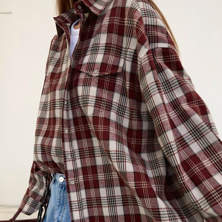 Vintage Classic Autumn/Winter New Women's Plaid Terylene Lapel Long-Sleeved Shirt Casual Loose Commuter Shirt