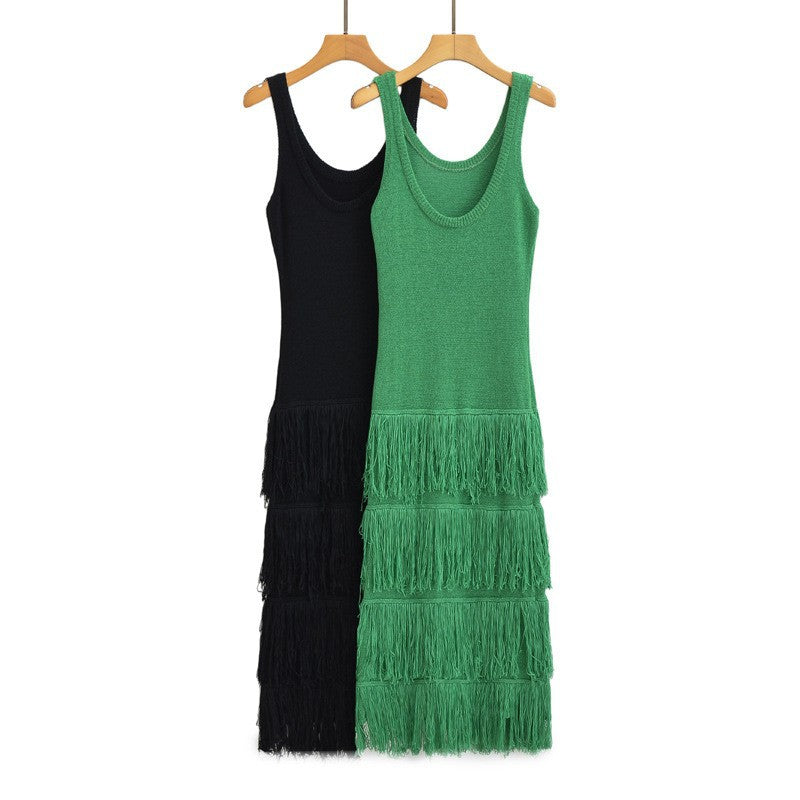 New Summer Solid Color Hem Fringe Knitted Halter Dress