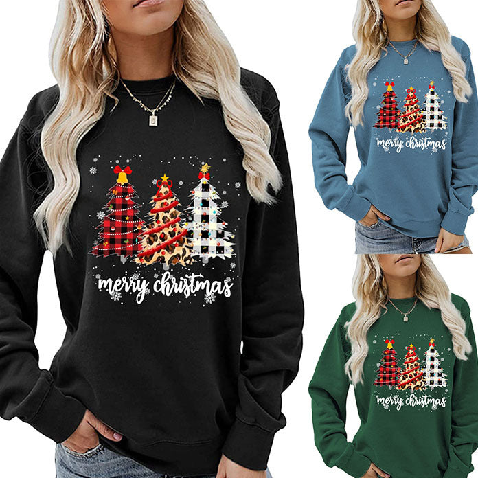 Merry Christmas Tree Round Neck Letter Christmas Long Sleeve Hoodie Woman