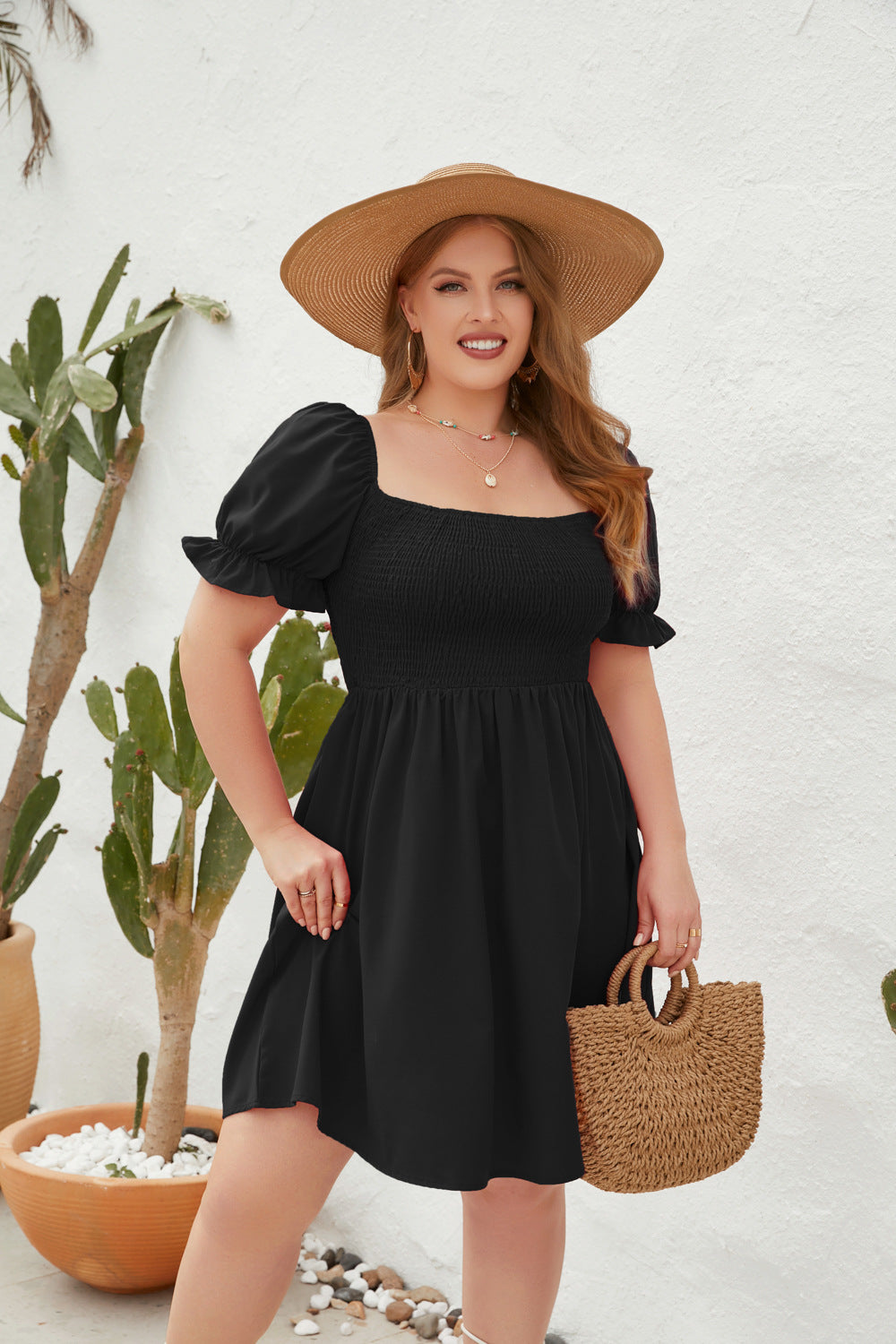 Women's Plus-Size Solid Color Leisure Vacation Dress Travel Square Collar Dress With Puffy Sleeves