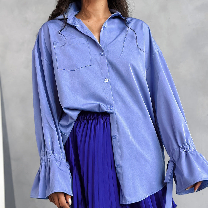 Spring Summer Blue Lapel Long Sleeve Temperament Lace-Up Women's Shirt Fashion Women's Wear