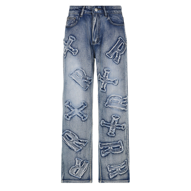 Fashion Personality Letter Stick Straight Leg Jeans Street Spice Loose Straight Leg Slacks