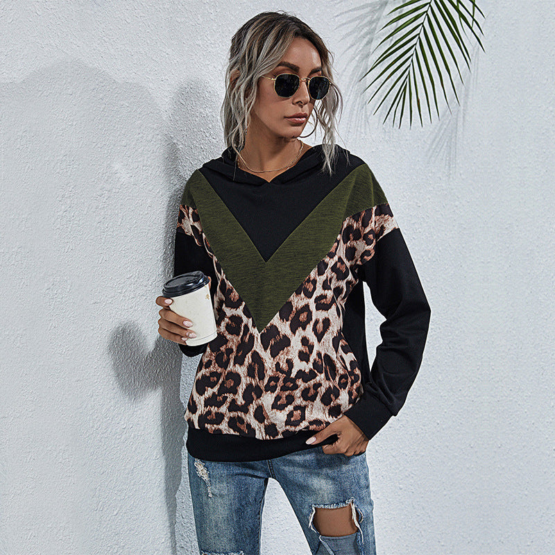 Splicing Leopard Hoodie Hooded Long-Sleeved Casual Street Women New