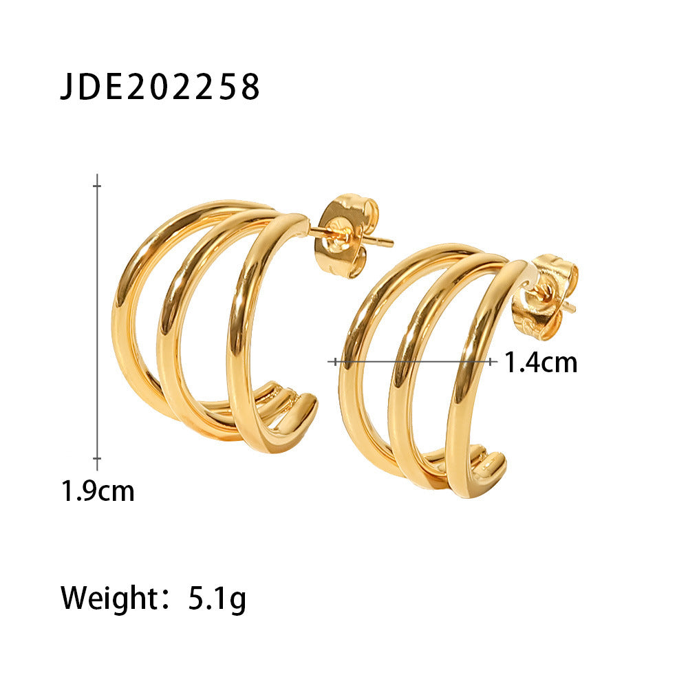 5pcs Niche Design Geometric New Titanium Steel Earrings 18K Gold Titanium Steel Smooth Three-Line Earrings Jewelry Women