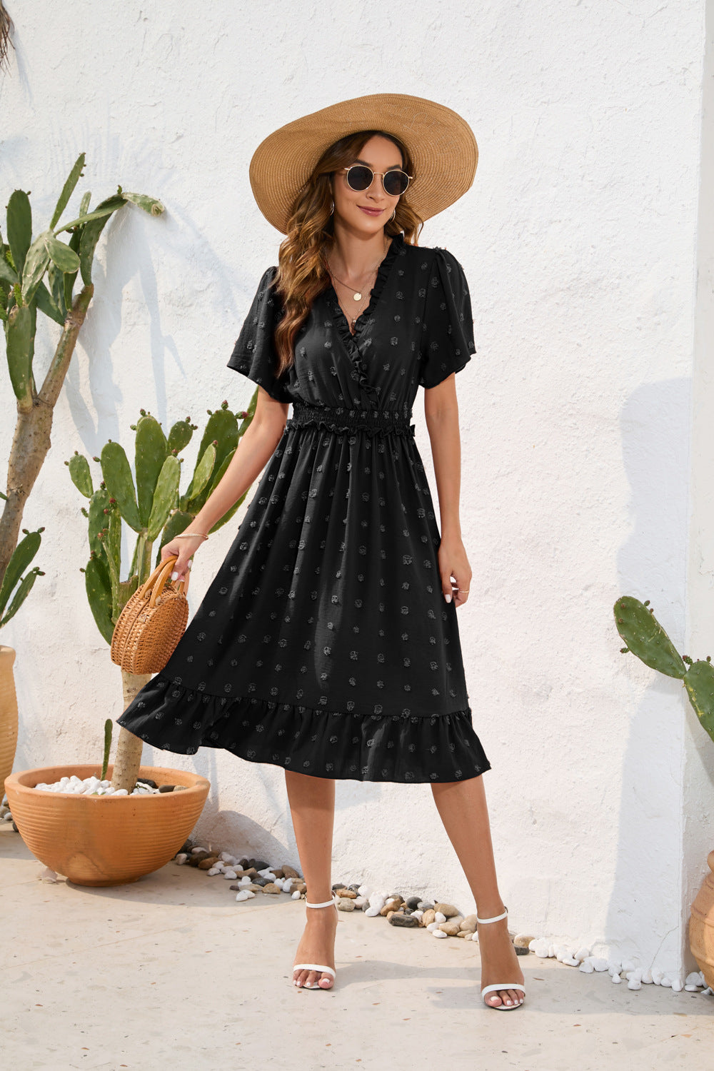 V-Neck High-Waist Lace-Up Dress Hairball Short-Sleeved Dress Casual Holiday Travel Skirt