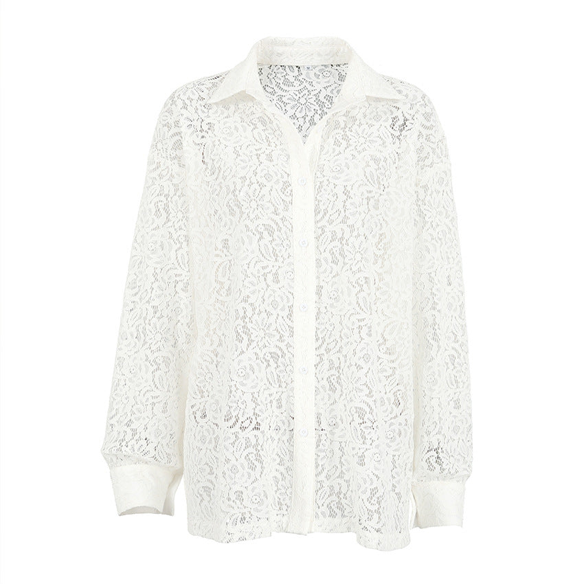 Summer Women's New Temperament White Lace Long-Sleeved Shirt Women Loose Hollow-Out Senior Feeling Shirt