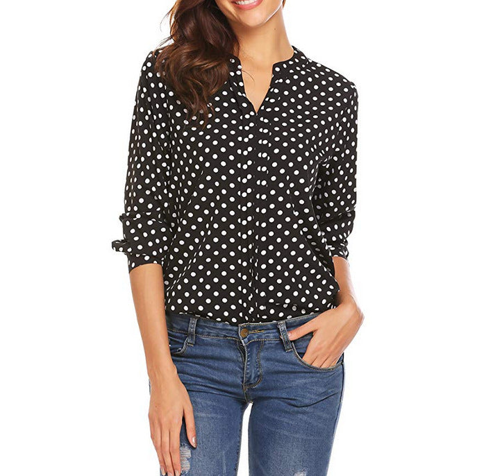 Large Size New Shirt Polka Dot Print V-Neck Long Sleeve Sleeve Loose Ladies Lining