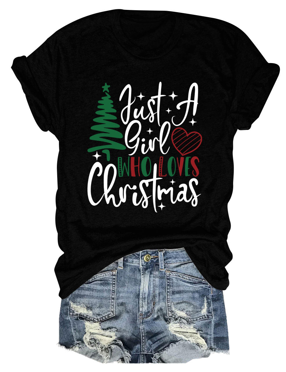 New Just A Girl Fun Christmas Tree Print Round Neck Short Sleeve Female Spot