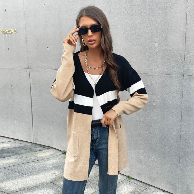 Autumn Winter Casual Women's Fashion Color Contrast Long-Sleeved Sweater Cardigan Coat