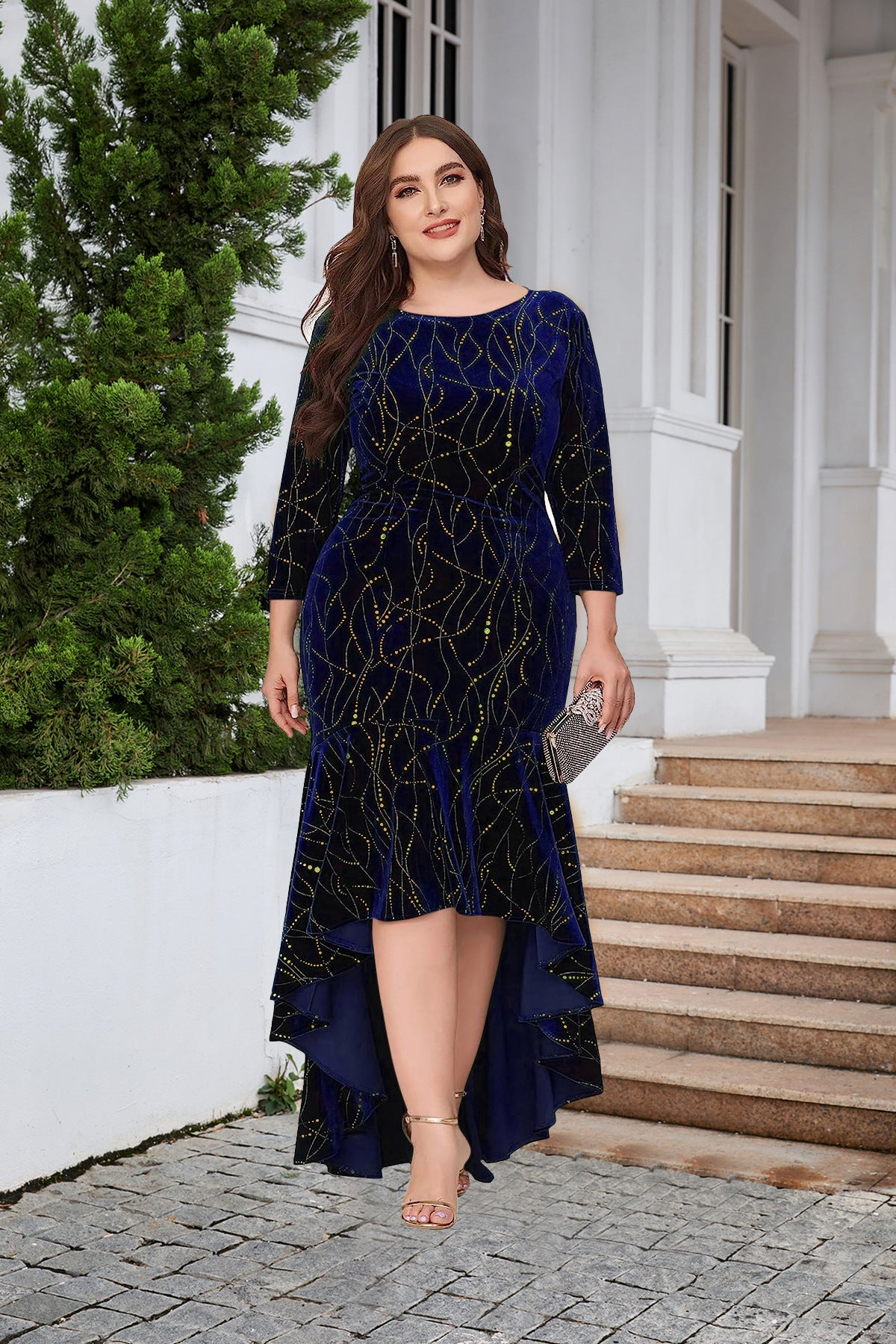 Women's Plus Size Seven Quarter Sleeve Mermaid High And Low Hem Ultra Long Velvet Formal Jumpsuit