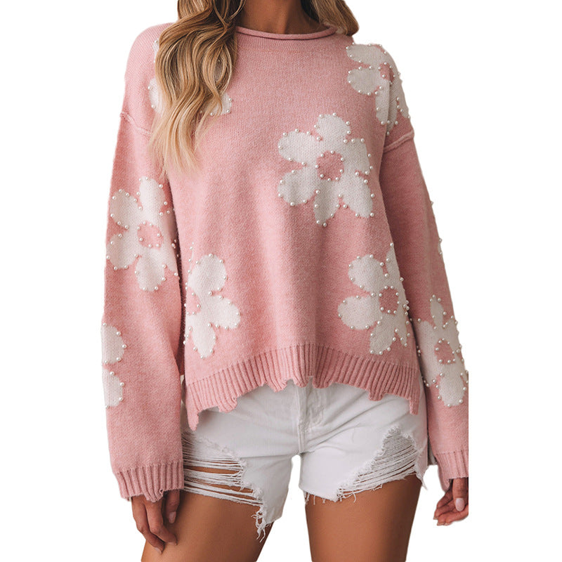 Autumn And Winter New Off-Shoulder Long Sleeve Top Woman Sweet Wind Beaded Printed Sweater Woman