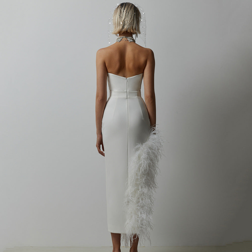 Sexy Stretch Party Mid-Length Dress With Split Chest Top Side Feather Bandage