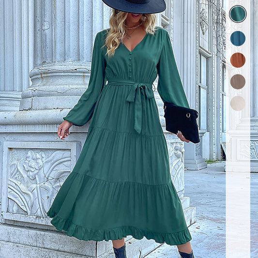 New Autumn And Winter New Fashion Women Long Sleeve Solid Color Dress