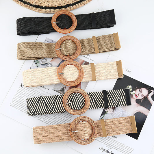 Cotton Hemp Wind Pp Grass Woven Belt For Women Round Square Buckle Dress Gown Decoration Belt