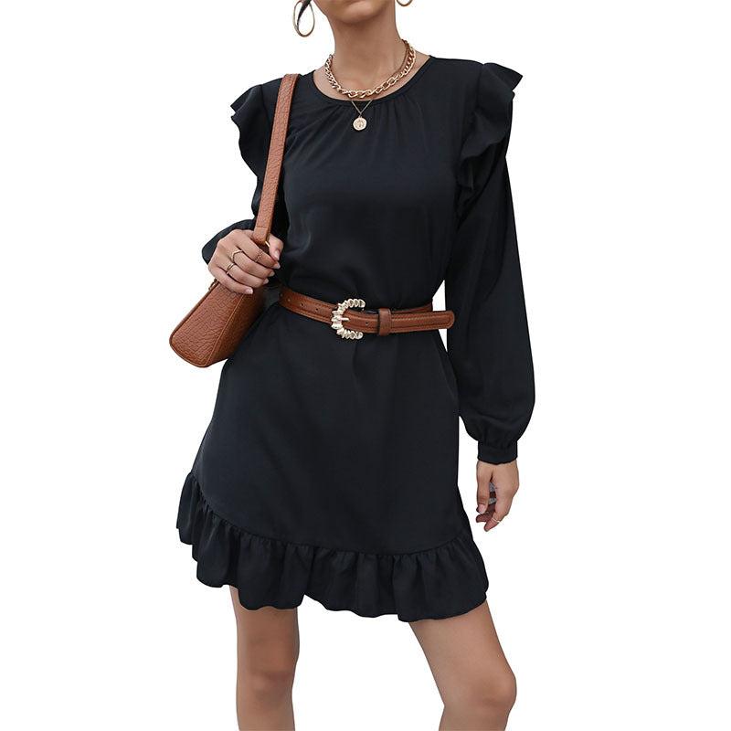 Fashion Women's Ruffled Loose Dress Autumn Hepburn Style