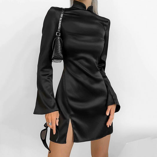 Spring New Chinese Style Stand Collar Slim Dress Small Long-Sleeved Black Short Skirt Women