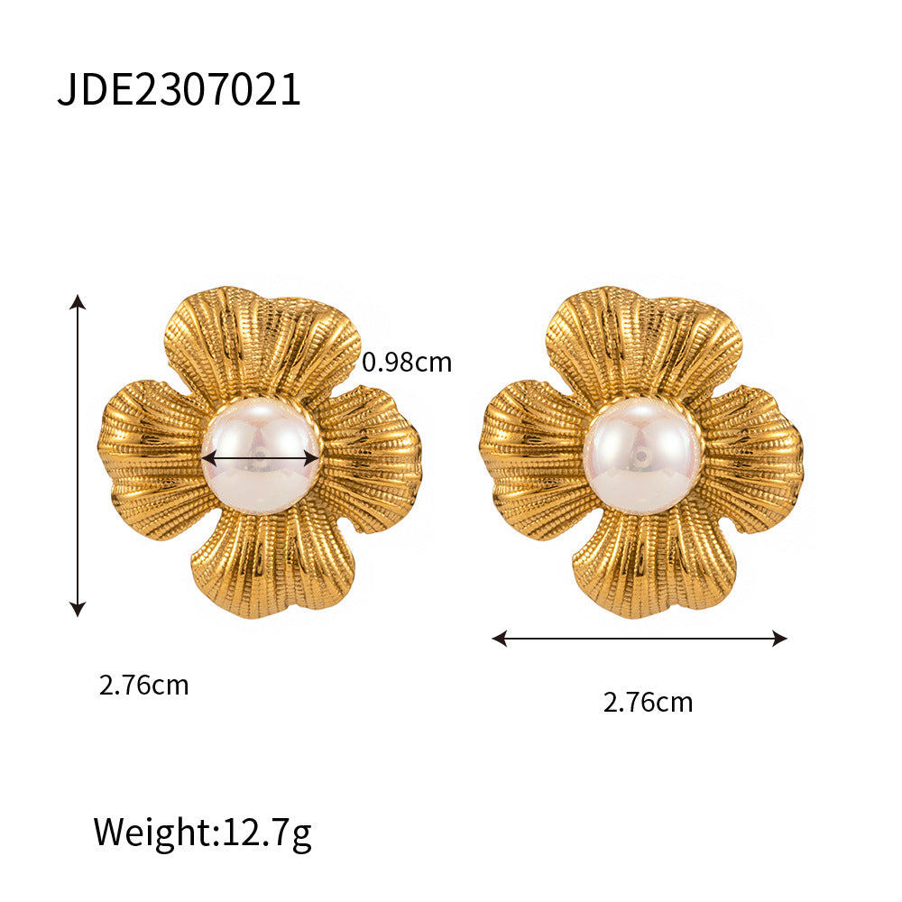 5pcs Vintage Style Titanium Steel Earrings 18K Gold Plated Petal-Shaped Earrings Inlaid With Shell Beads For Women