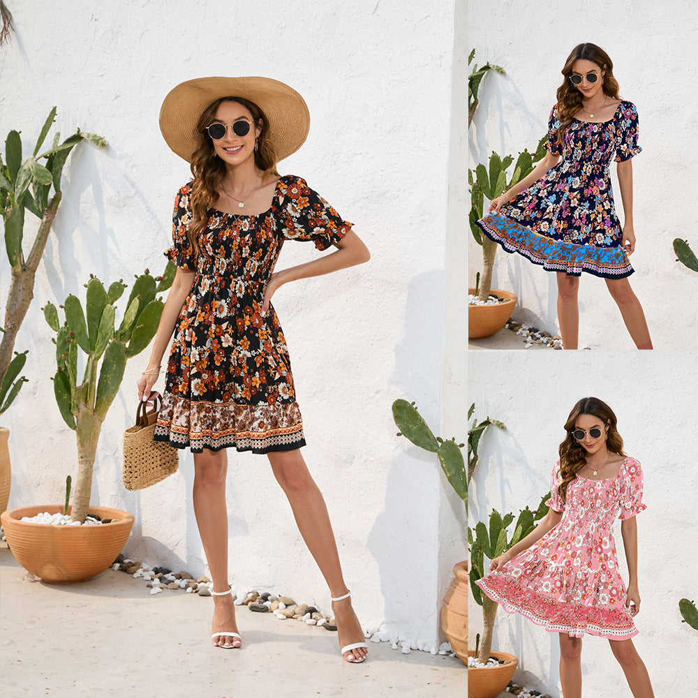 Spring And Summer Women's Waist Flower Print Waist Dress Bohemia Leisure Vacation Travel Dress