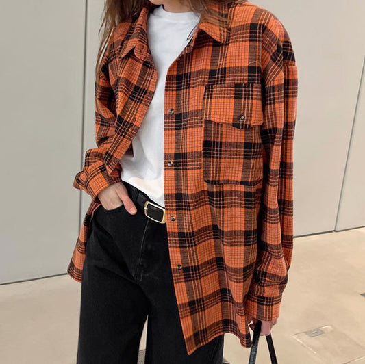 Retro Ins Casual Loose Plaid Shirt Autumn And Winter New Commuter Outside With Shirt Women