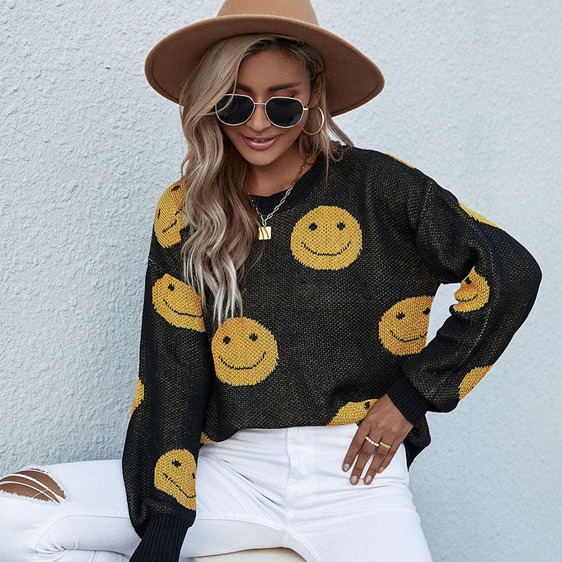 New Autumn And Winter Fashion Women's Casual Smiley Long-Sleeved Black Sweater