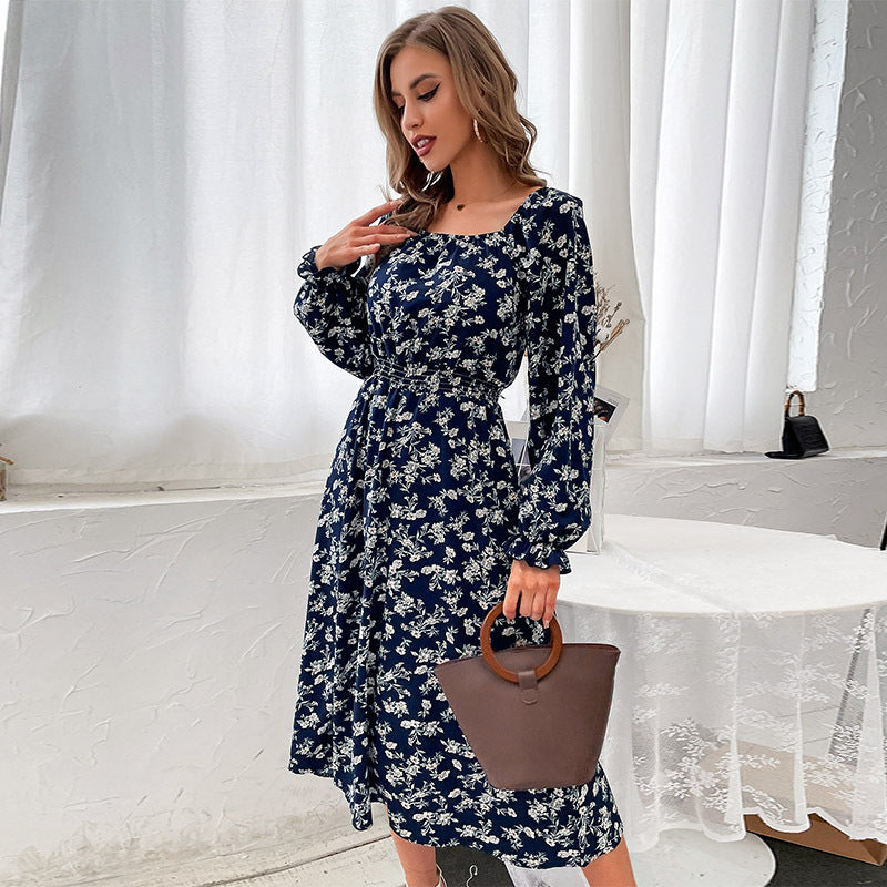 Fashion Women's Blue Long-Sleeved One-Shoulder Floral Dress Autumn