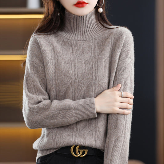 Autumn/Winter New 100 Woolen Sweater Women's Turtleneck 7 Needle-Hemp Jacquard Woolen Base Loose All-Match Sweater Top