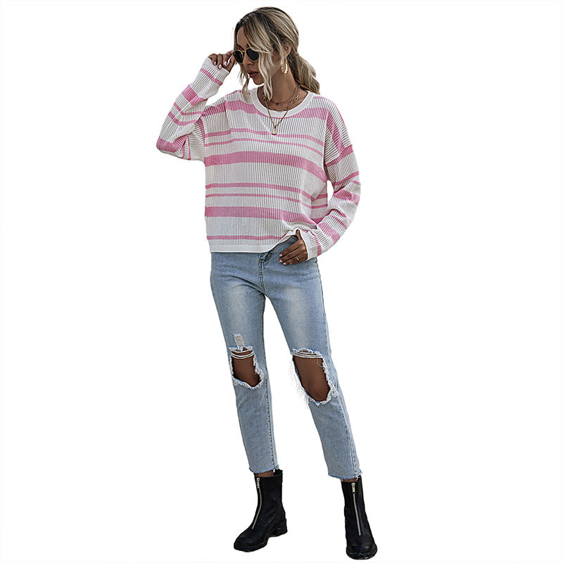 Autumn Long-Sleeved Striped Crew Neck Sweater Women Thin Slimming Fashion Women's Wear