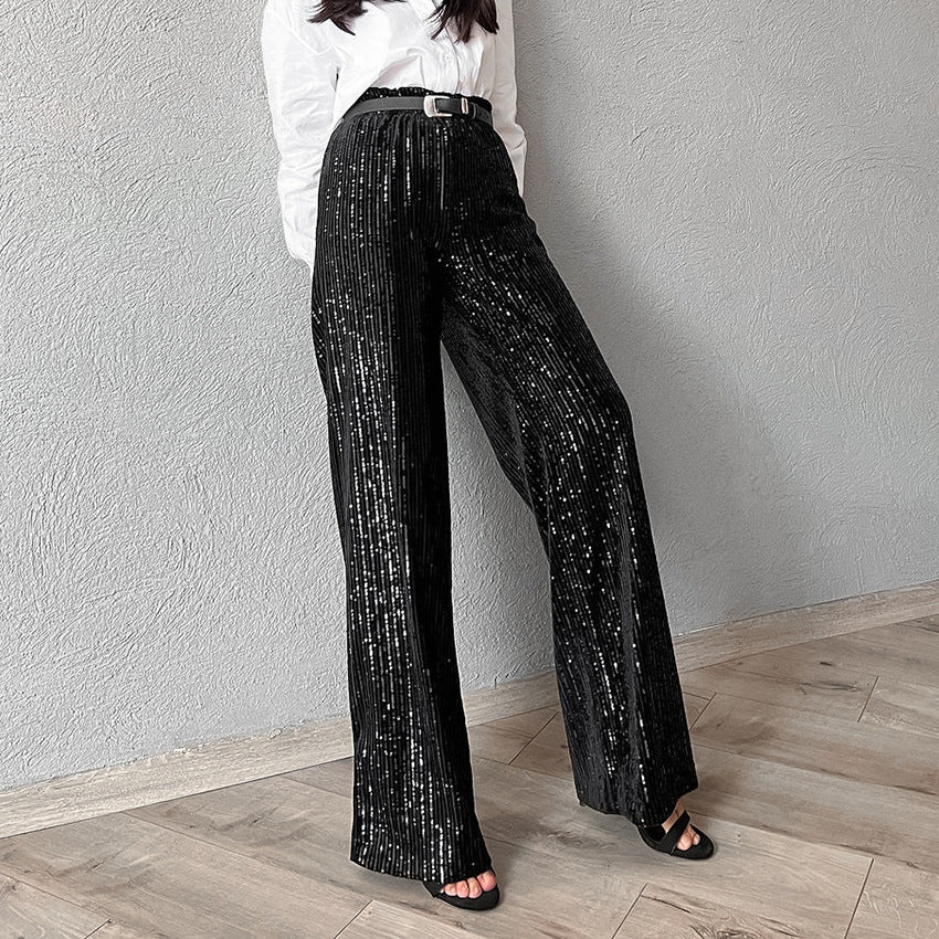 Spring Fashion Embroidery Solid Color Sexy Temperament High Waist Loose Elastic Wide Leg Pants Casual Women's Wear