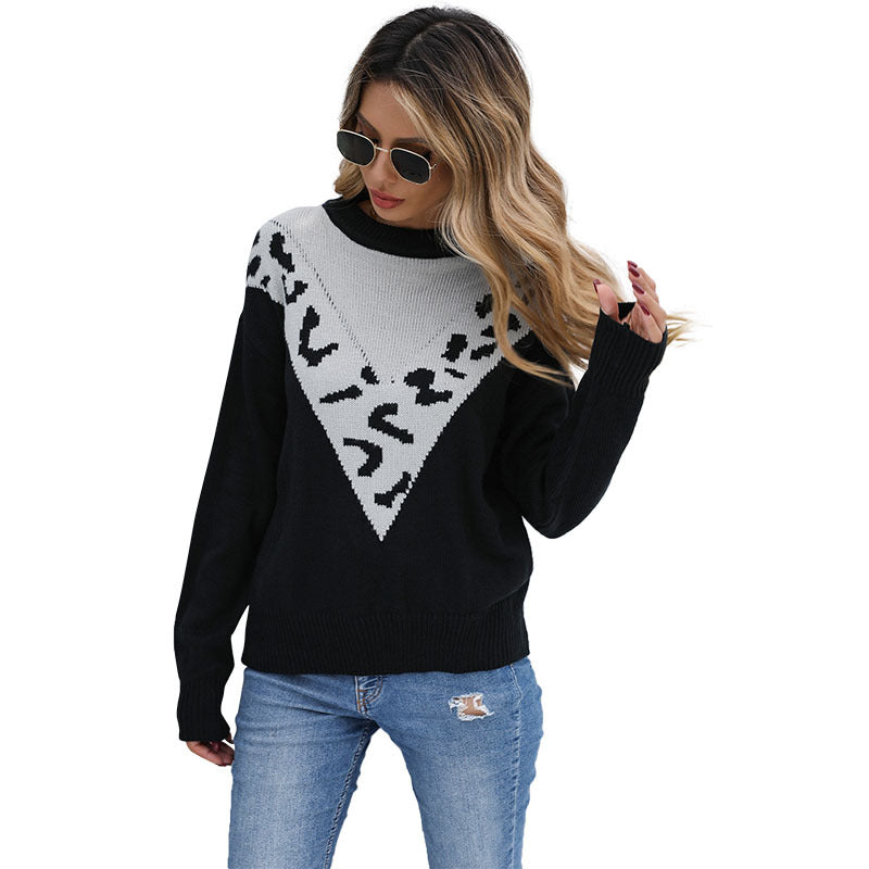 Autumn & Winter Casual Women's Leopard-Print Color Contrast Long-Sleeved Sweater