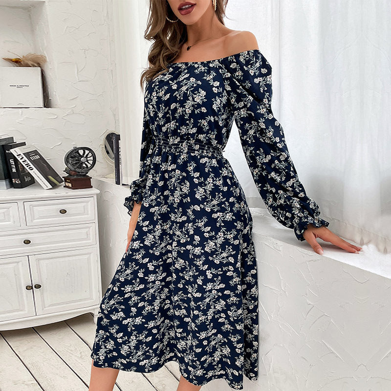 Fashion Women's Blue Long-Sleeved One-Shoulder Floral Dress Autumn