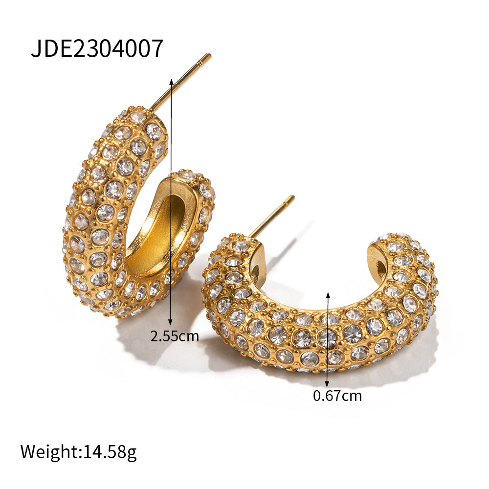 5pcs Earrings 18K Gold Stainless Steel Set With White Diamond C-Shaped Advanced Design Timeless Earrings For Women