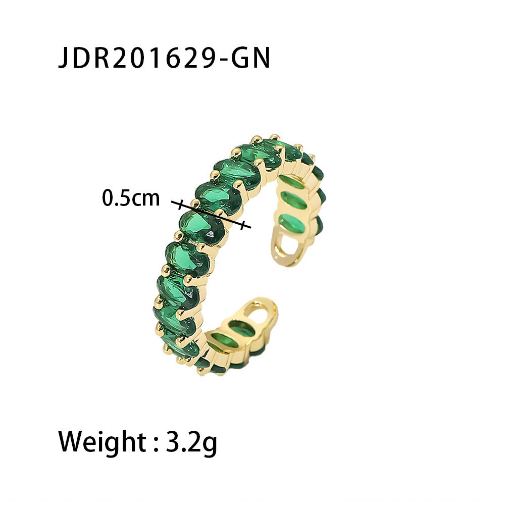 5pcs Jewelry 18K Gold Stainless Steel Inlaid Green Zircon Ring Ladies Fashion All-Match Ring