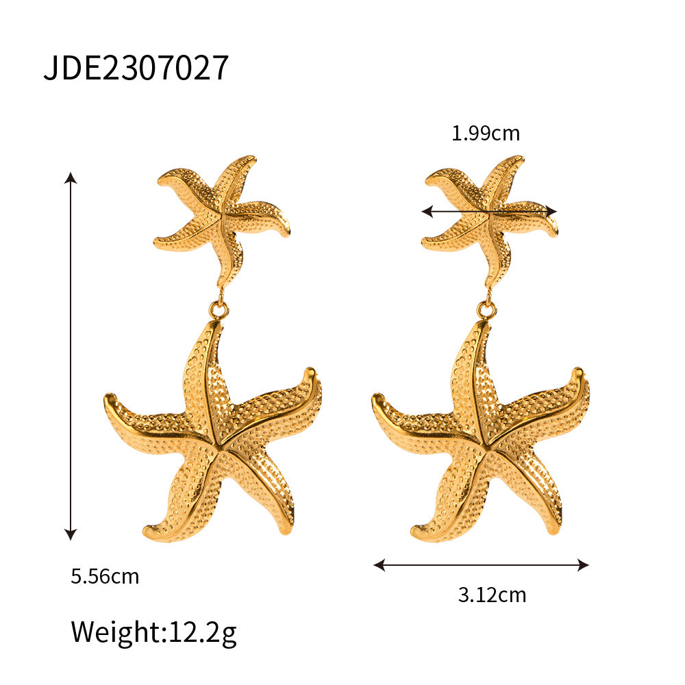 5pcs New 18K Gold Stainless Steel Starfish Pendant Earrings Women's Fashion Earrings Do Not Fade Jewelry