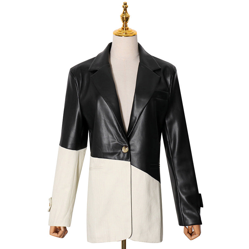 Spring New Fashion Temperament Casual Suit Collar Color Contrast Loose Splicing Pu Leather Suit Jacket