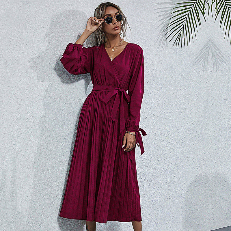 Autumn Long-Sleeved V-Neck Hollowed-Out With Pleated Dress Women