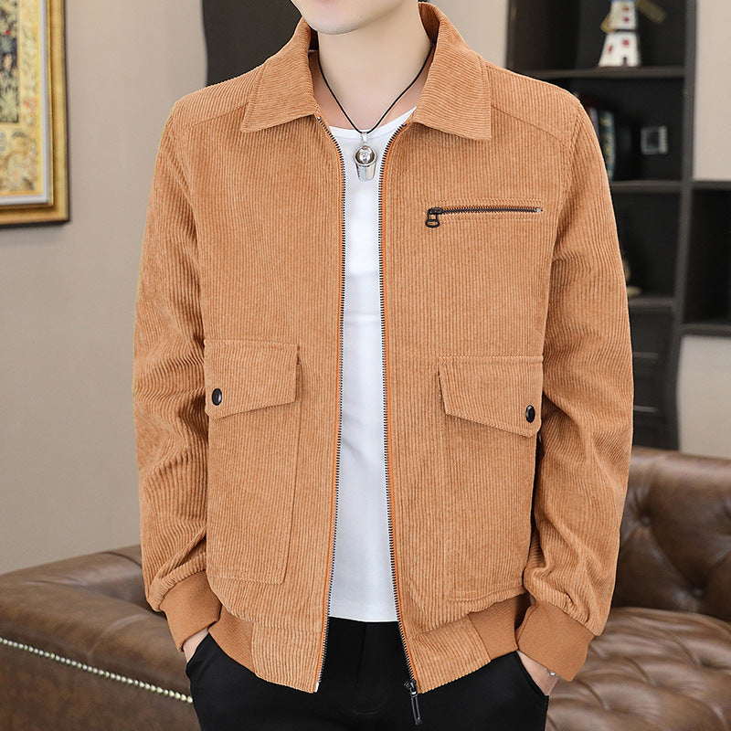 Autumn And Winter New Jacket Men's Corduroy Version Casual And Cashmere Middle-Aged Lapel Top Men's Coat