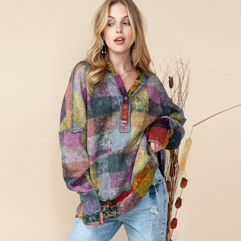 Casual Loose Plaid Hoodie Woman Autumn And Winter New Personality Contrast Color Insert Bag Long Sleeve Blouse Woman