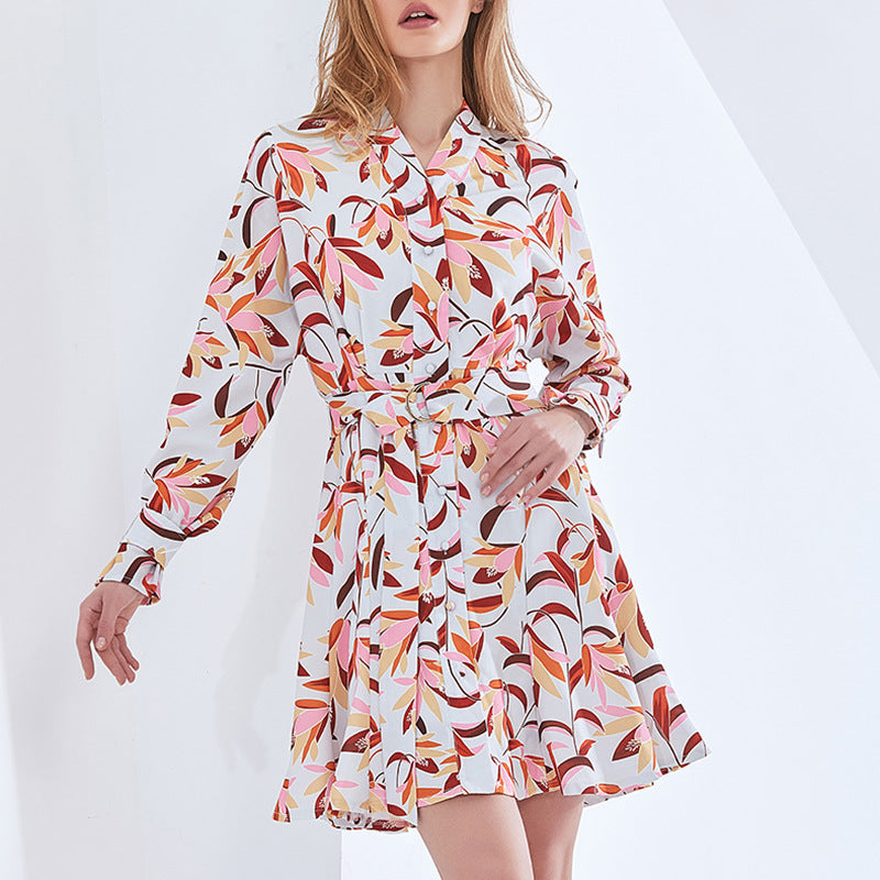 Garden Print Spring Button-Down Front Long-Sleeved Short Waistline V-Neck Dress