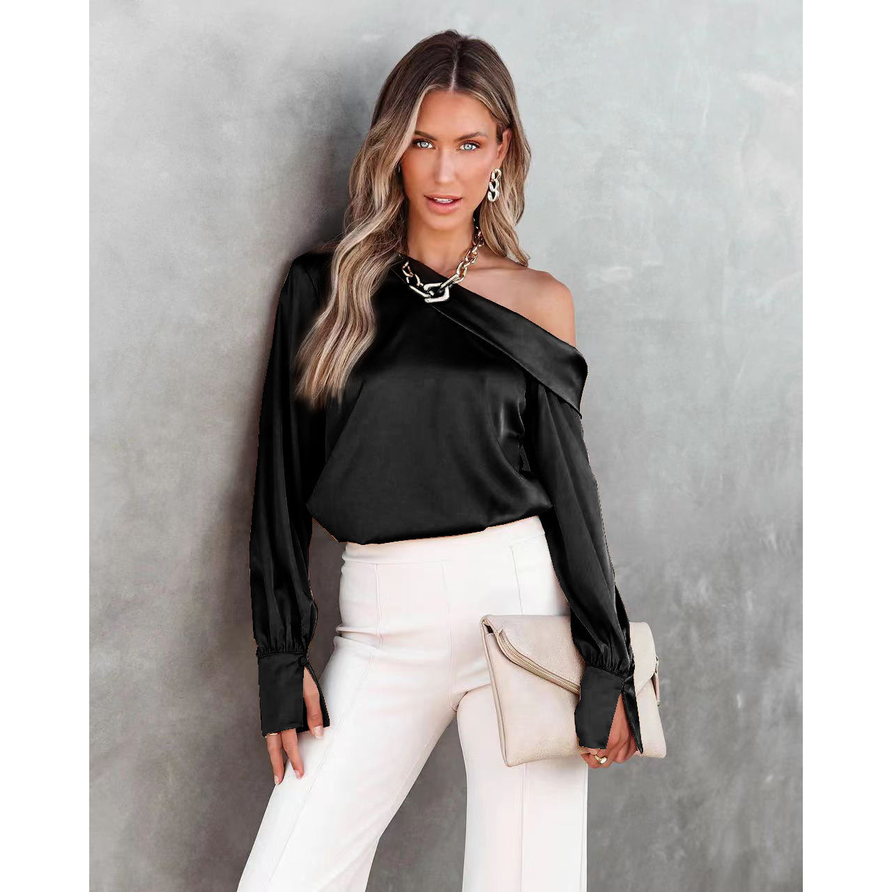 Autumn And Winter New Sexy Oblique Shoulder Long Sleeve Shirt Casual Women's Loose Satin Top