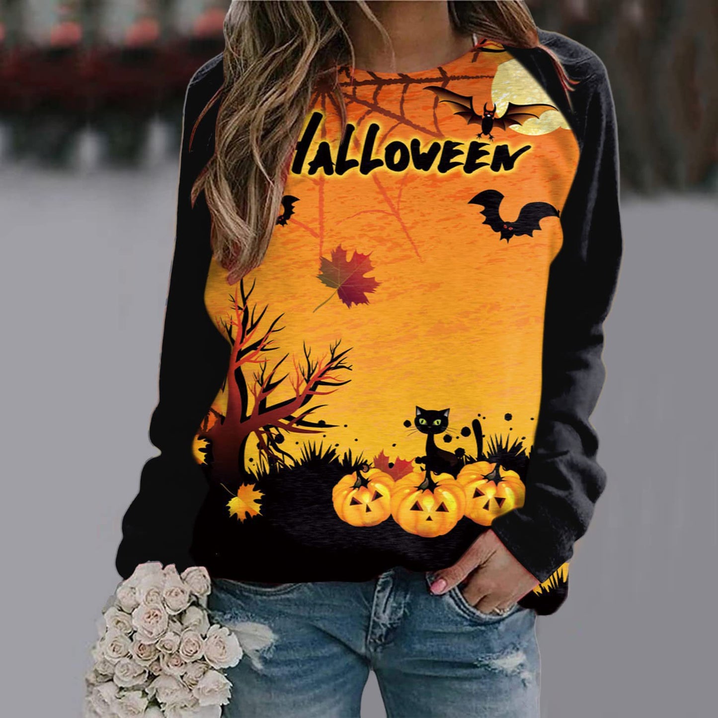 New Women's Halloween Christmas Women's Clothing 3D Three-Dimensional Printed Castle Dark Round Neck Hoodie